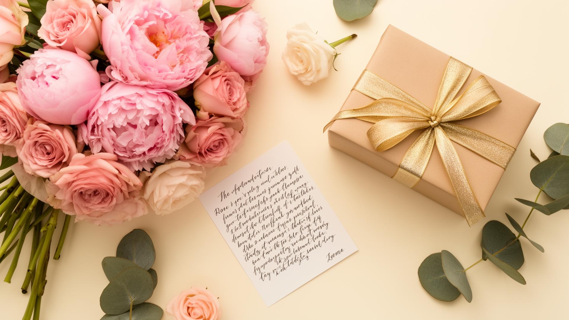 Pink peonies, gold-ribboned gift box, and handwritten card — Mother's Day gift inspiration
